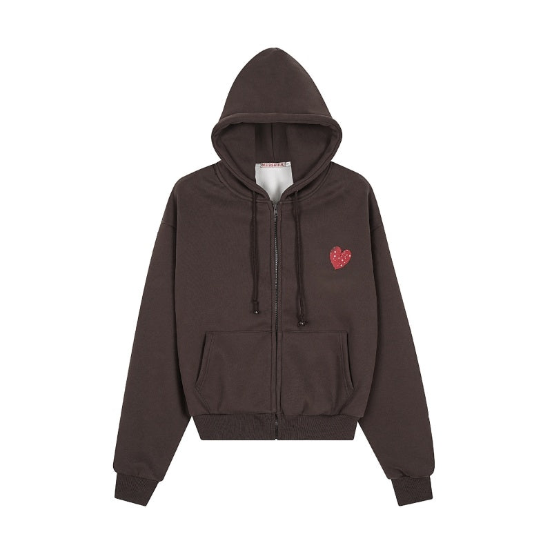 Heart Print Fleece-Lined Brown Hoodie