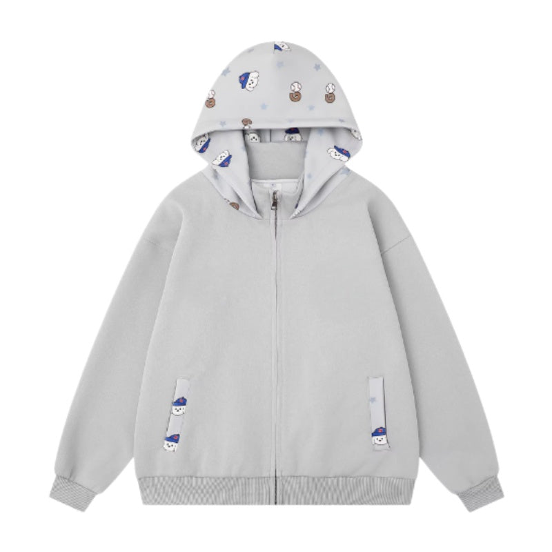 Baseball Puppy Graphic Zip-Up Hoodie