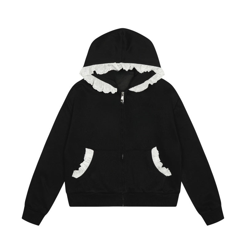 White Lace-Trimmed Black Hoodie