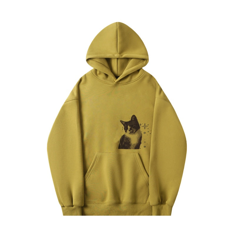 Vintage Playful Cat Print Grass Green Hoodie