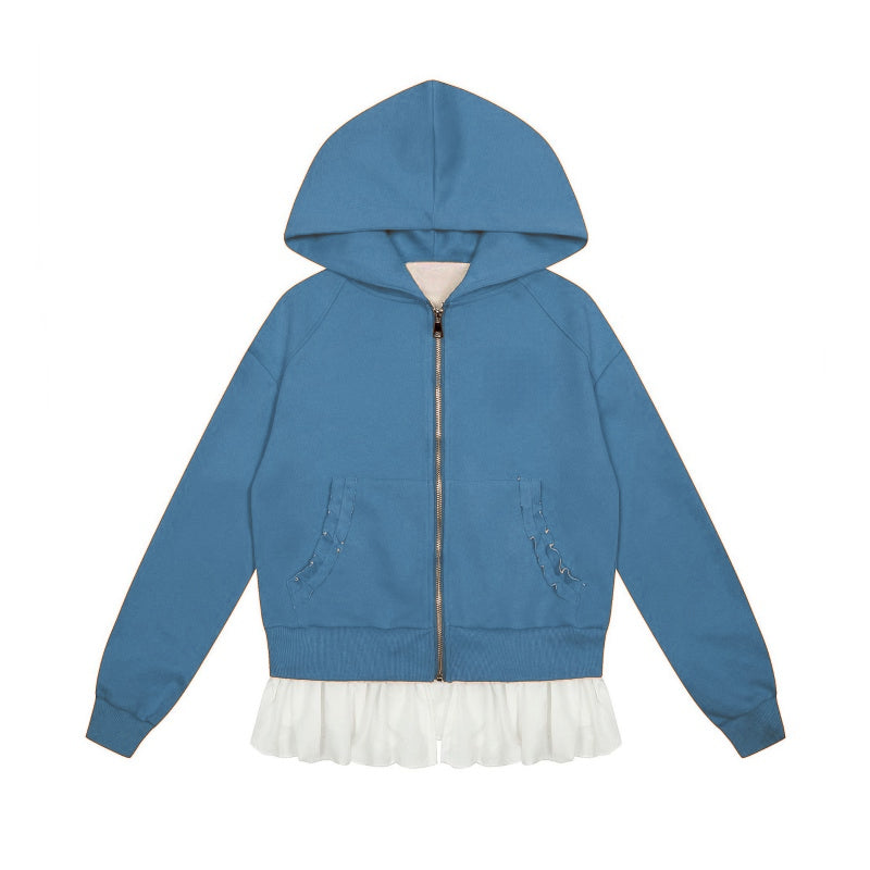 Zip-Up Hoodie with Trendy Panel Design Blue