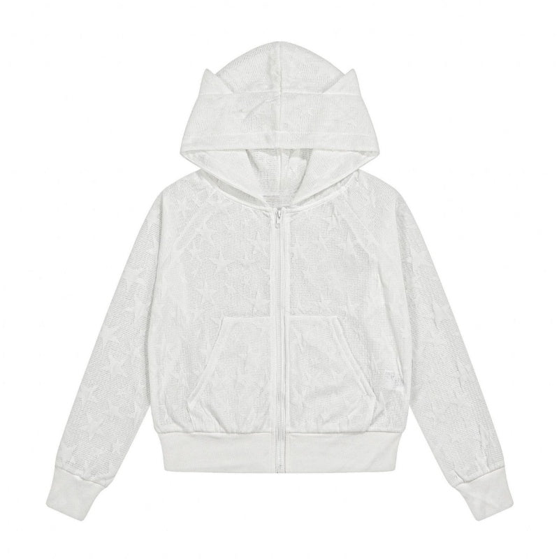 Mesh White Zip-Up Hoodie